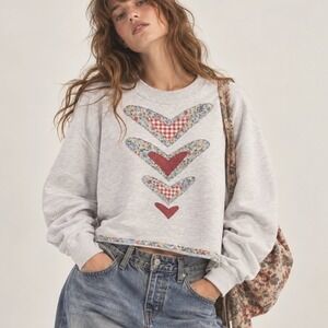 Vintage Patchwork Sweatshirt Heart Cropped M Gray 90s Cottage Retro Boho Granny
